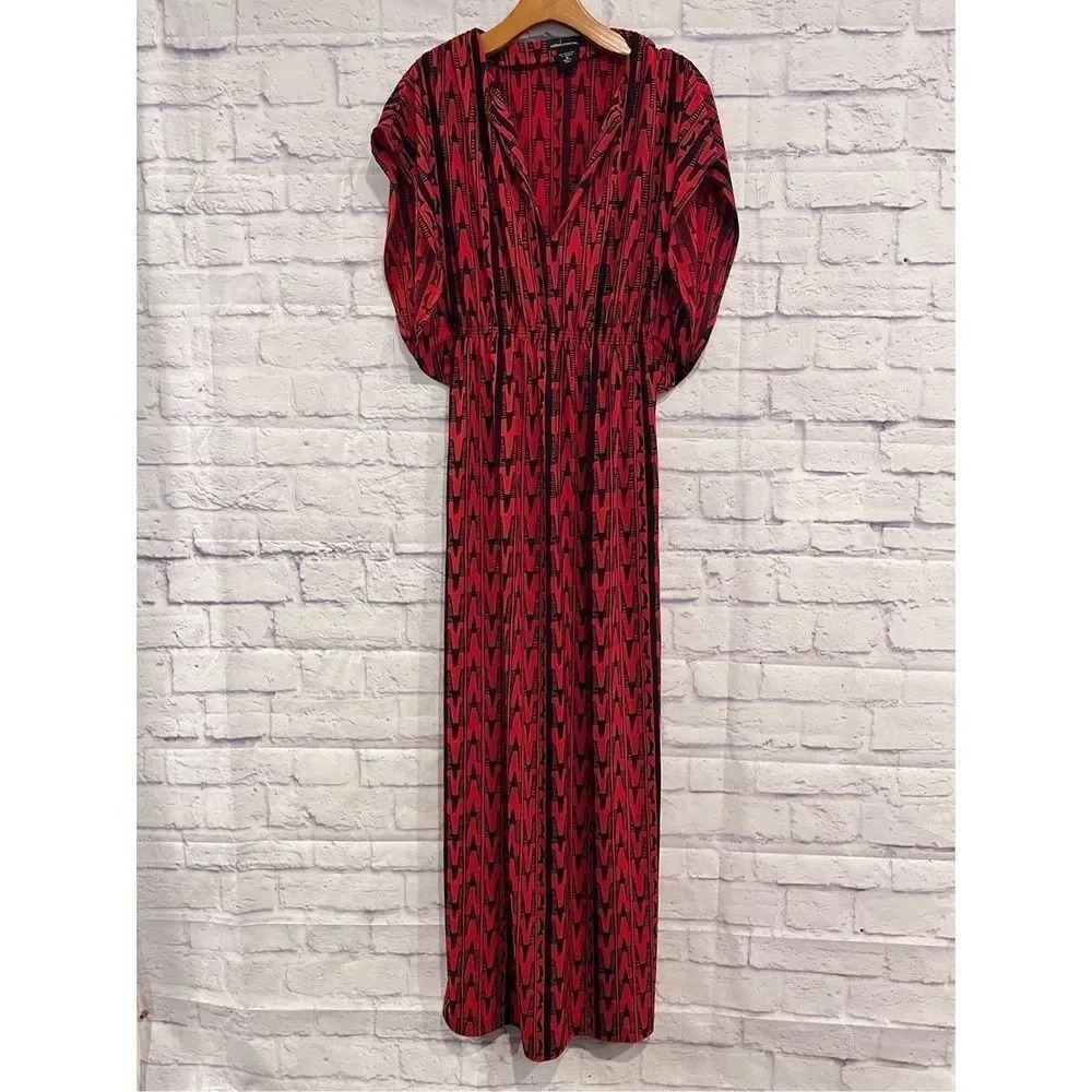 Moda International Size Medium Red Maxi‎ Boho Dress Short Sleeve V-Neck Stretch